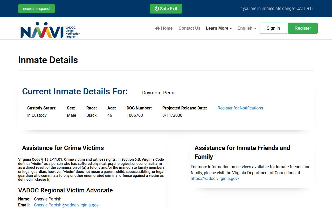 VADOC Projected Release Date field used for a Lynchburg inmate release date