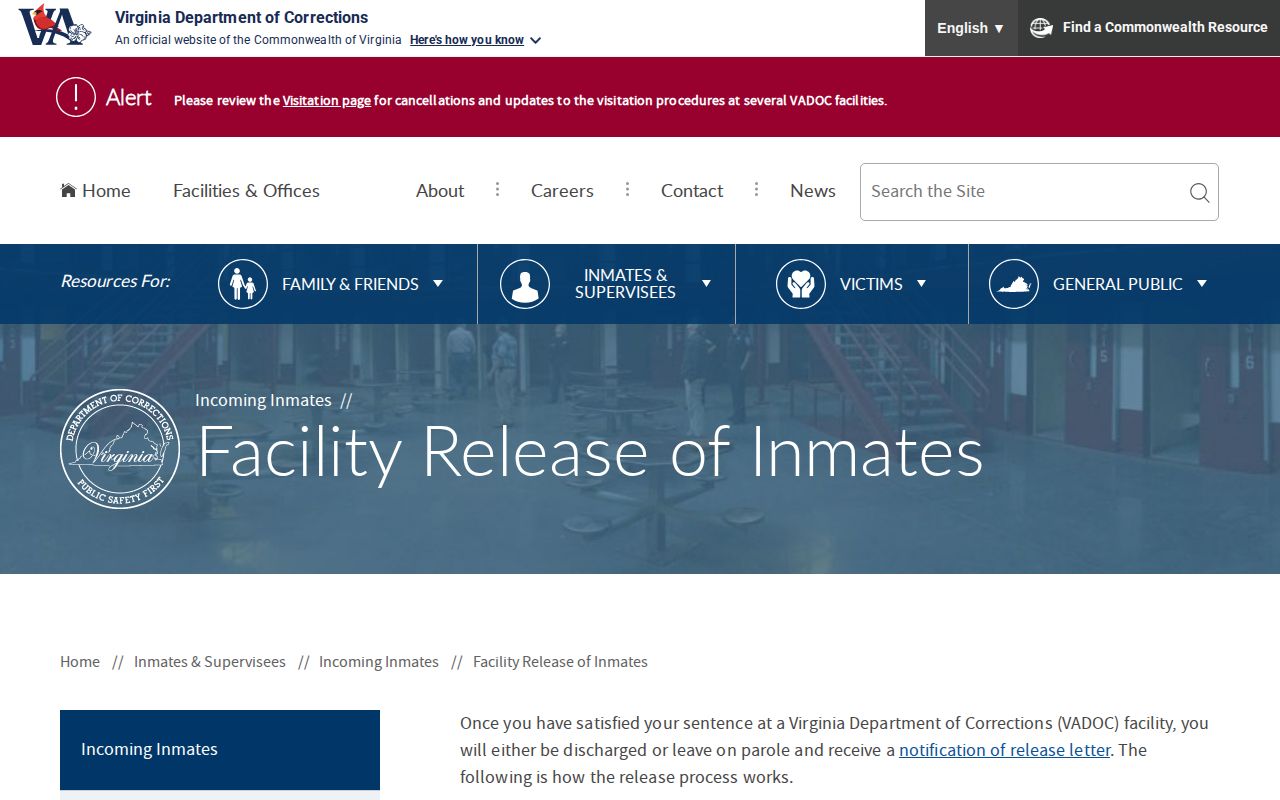 VADOC release documents for a Lynchburg state inmate discharge